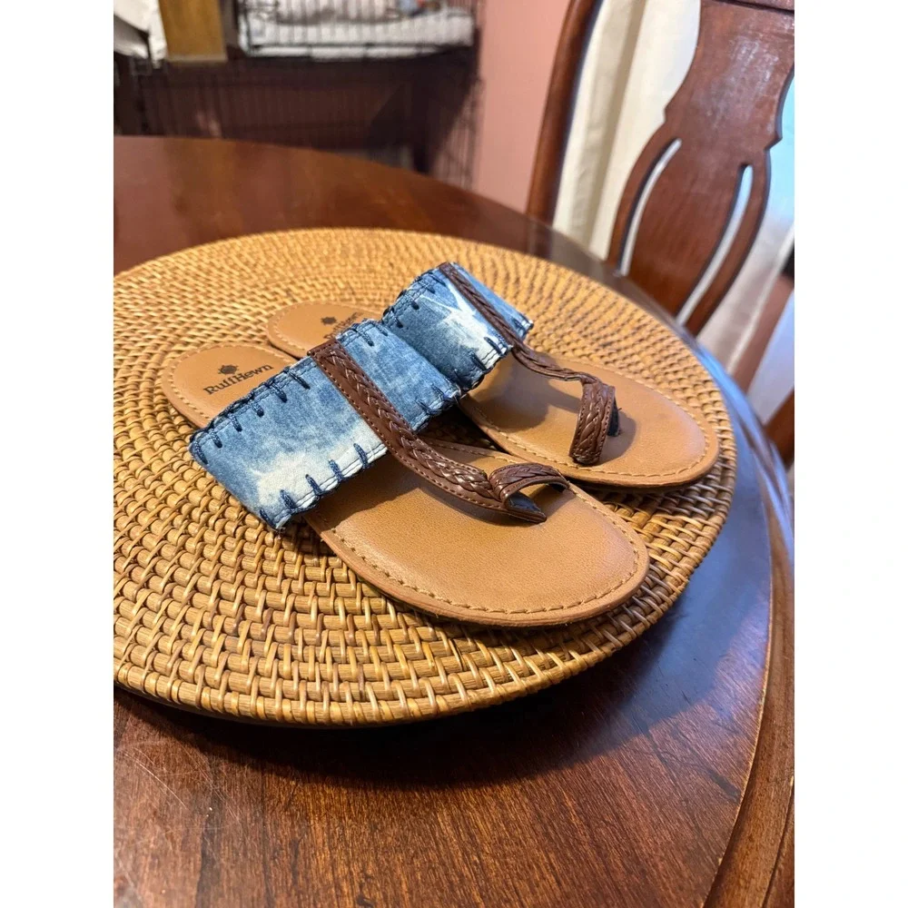 RuffHewn Indie 2 Women 7M Blue Denim Tie Dye Braided Thong Toe Loop Sandals